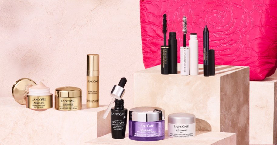 lancome skincare and makeup items with pink makeup bag
