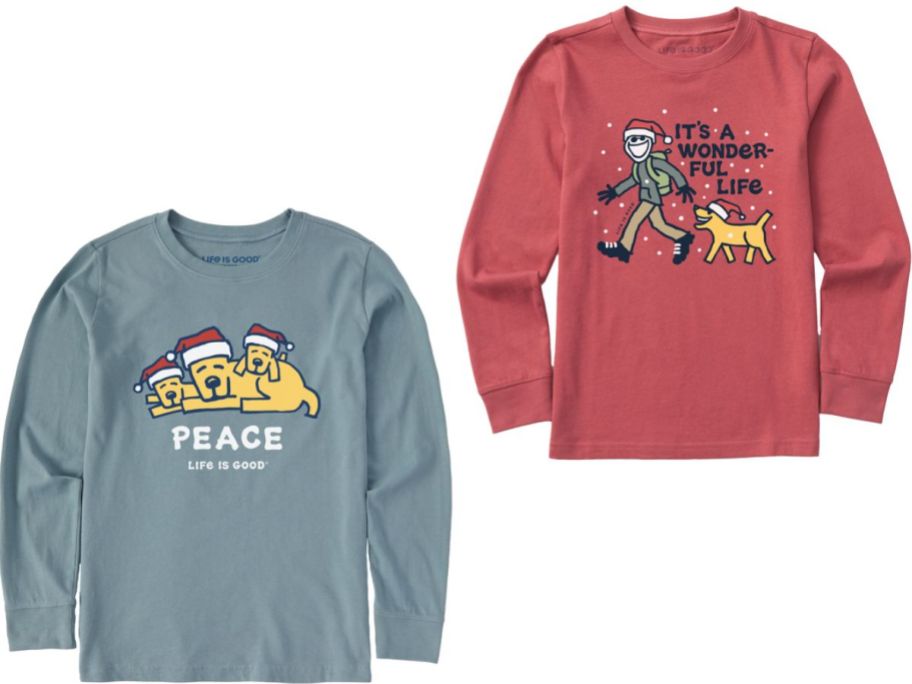 stock images of two Life is Good kids holiday long sleeve tees
