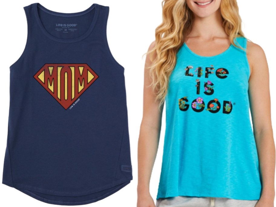 Stock images of a Life is Good Supermom tank and a woman wearing an LIG floral tank