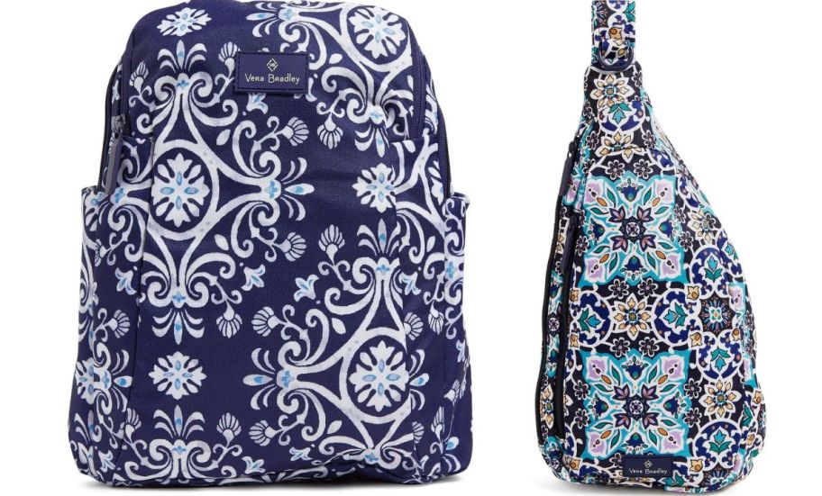 a small dark blue back pack with a medallion print and small sling backpack with a medallion print