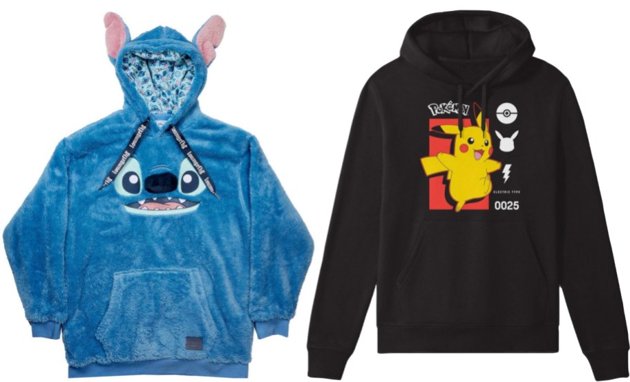 Lilo and stitch hoodie next to black pikachu hoodie