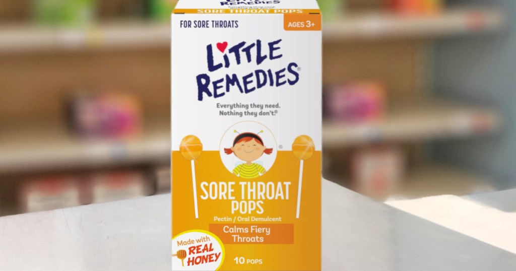 box of Little Remedies Sore Throat Pops on counter in store