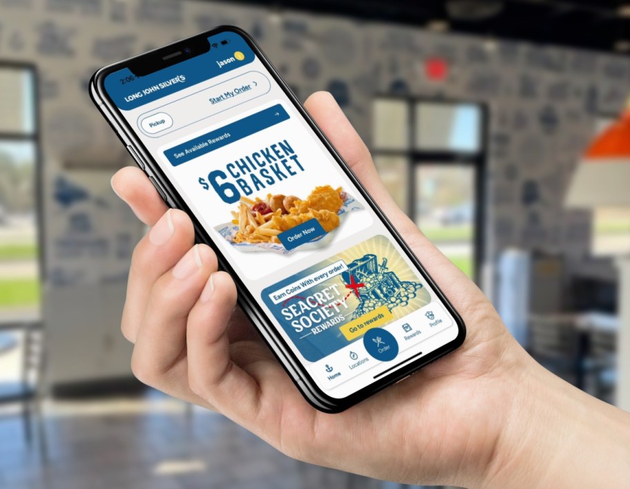 hand holding a phone with the Long John Silvers app