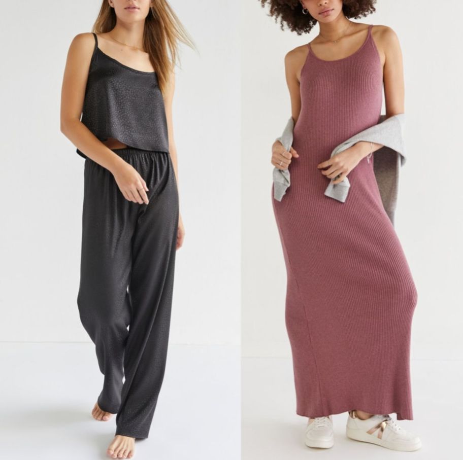 a model in black satin animal print pjs and a woman in a mauve ribbed maxi tank dress