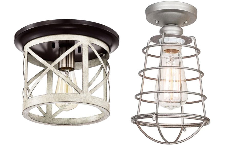 two metal cage flush mount lights