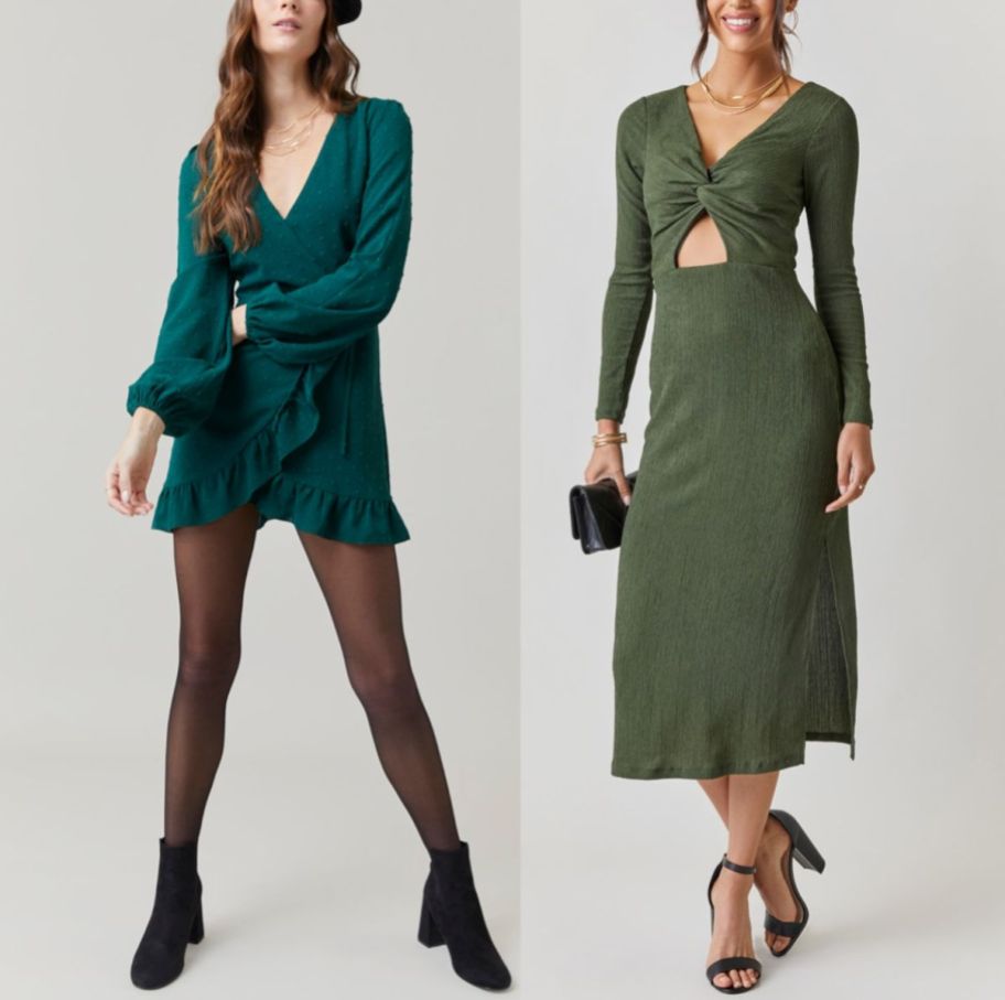 a model in a green mini wrap dress and a model n an olive green midi dress