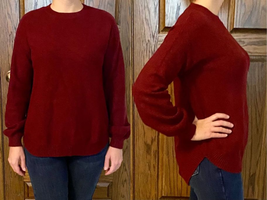 A woman wearing a red sweater 