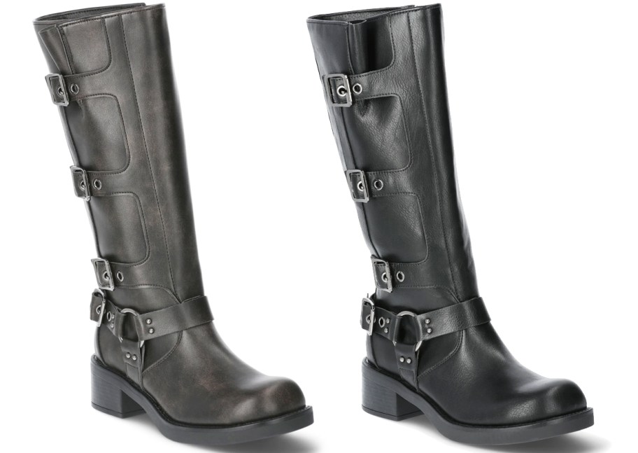 dark grey and black tall faux leather boots