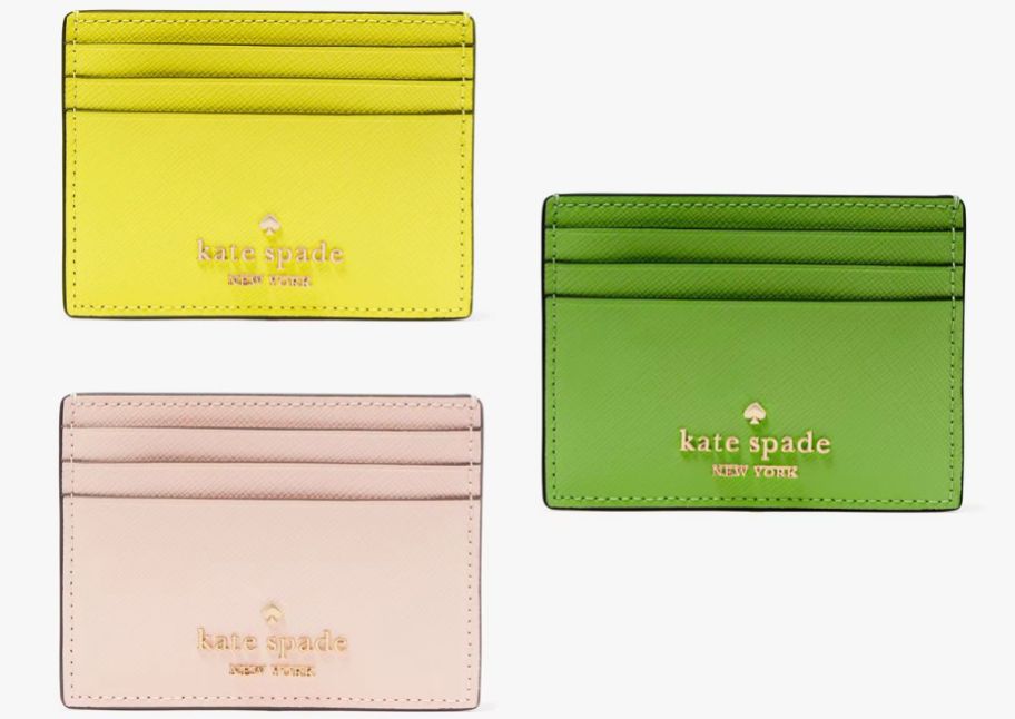 3 small card cases in pink yellow and green