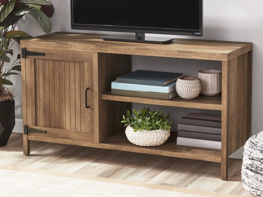 wood tv stand with cabinet and shelf