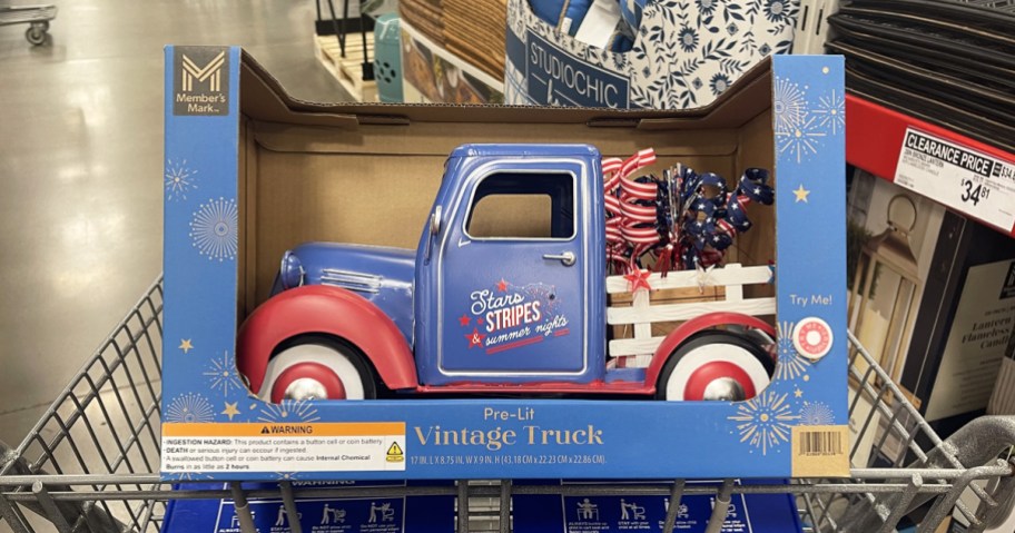 red and blue patriotic vintage truck in sam's club shopping cart