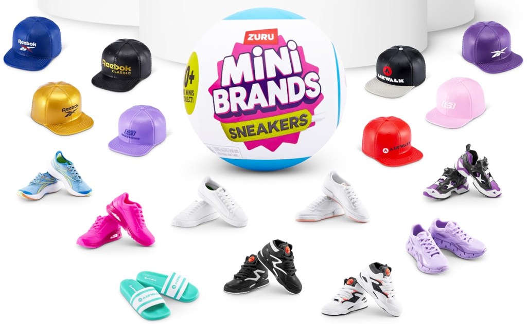 Mini Brands Sneakers capsule surrounded by mini hats and sneakers