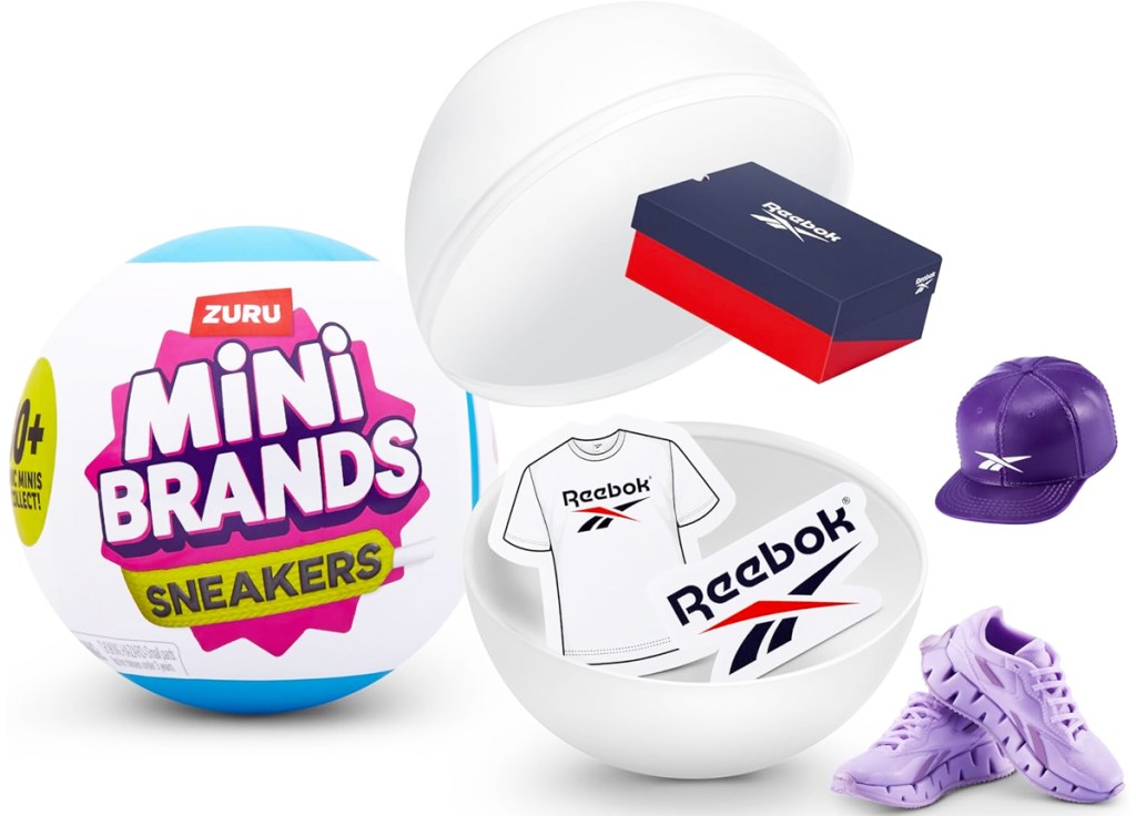 opened Mini Brands Sneakers capsule with reebok stickers, mini shoe box, hat, and purple sneakers