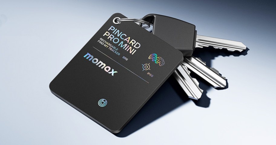Momax Pincard Rechargeable Bluetooth Tracker on a set of keys