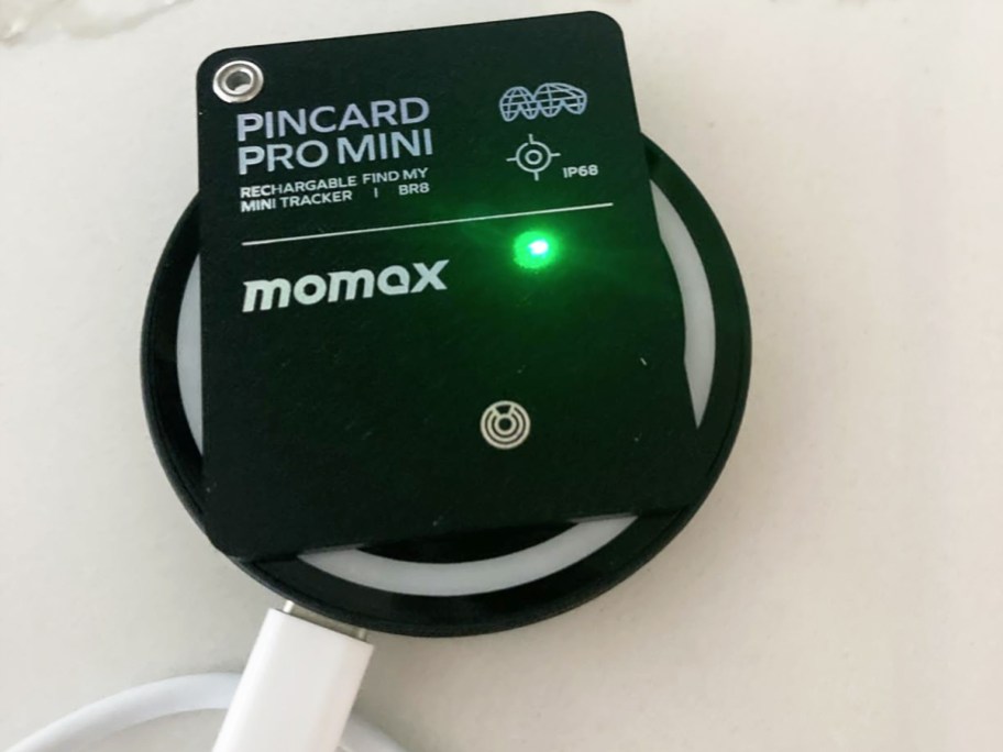 Momax Pincard Rechargeable Bluetooth Tracker on wireless charger