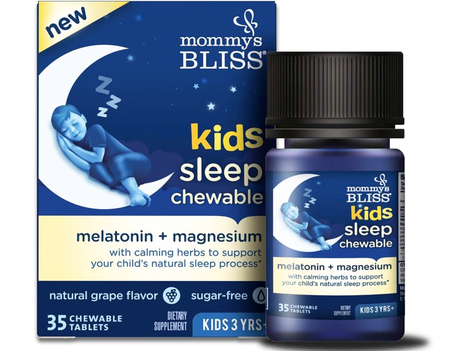 blue box and bottle of Mommy's Bliss Kids Sleep Chewable Tablets