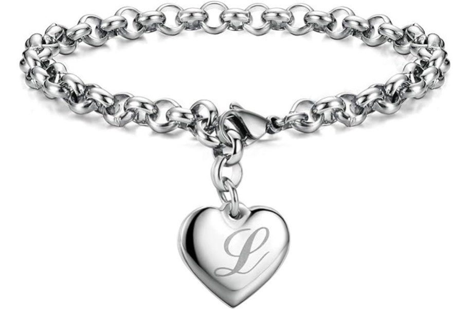 Monily Girls Initial Stainless Steel Charm Bracelet with an L heart