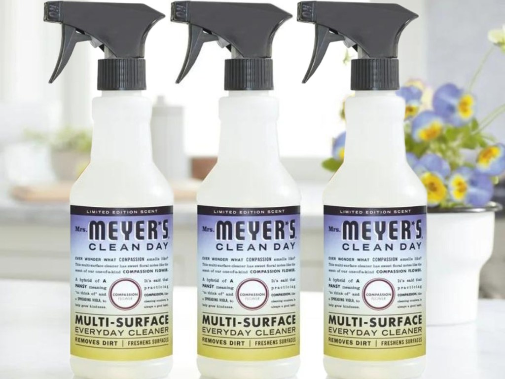 3 bottles of Mrs Meyers Clean Day Compassion Flower All Purpose Cleaning Spray