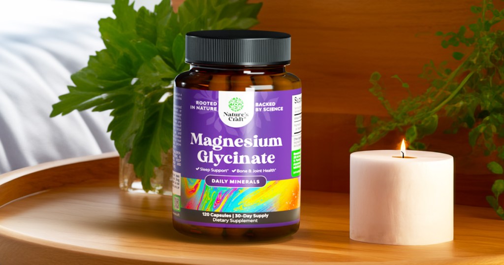 purple bottle of Nature's Craft Magnesium Glycinate Capsules on a wood tray near a candle
