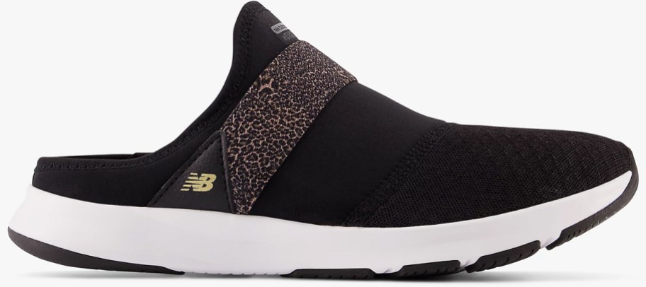 black slip-on sneaker with strip of leopard print around top