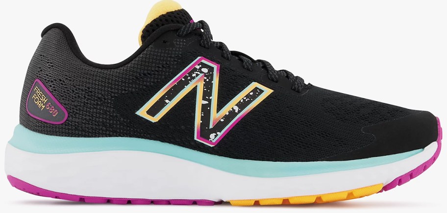 black, pink, yellow, and blue running shoe