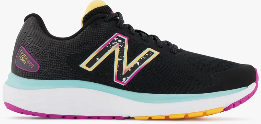 black, pink, yellow, and blue running shoe