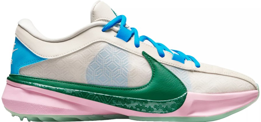 white, blue, green, and pink basketball shoe