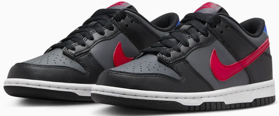 black, grey, and red nike sneakers