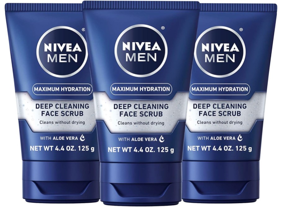 three blue bottles of Nivea Men Deep Cleaning Face Scrub