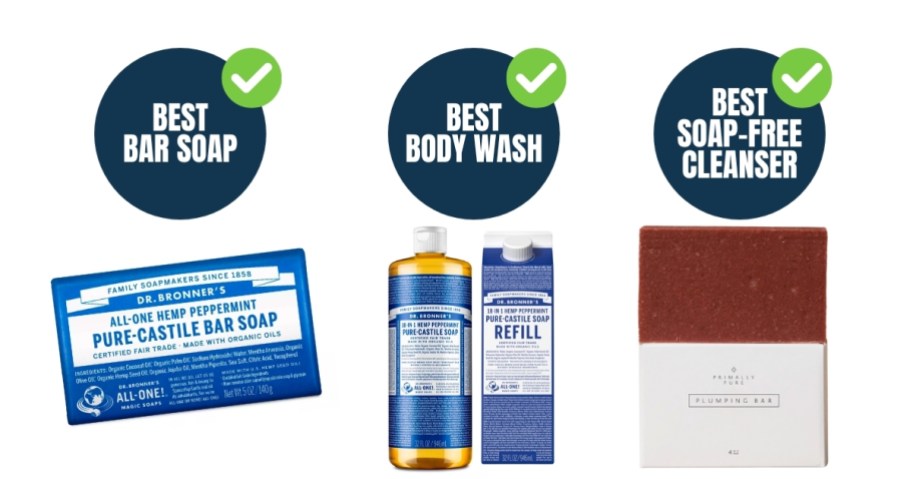 Graphic of the best bar soap, body wash and soap, free cleanser 