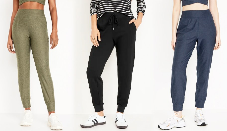 three women modeling joggers