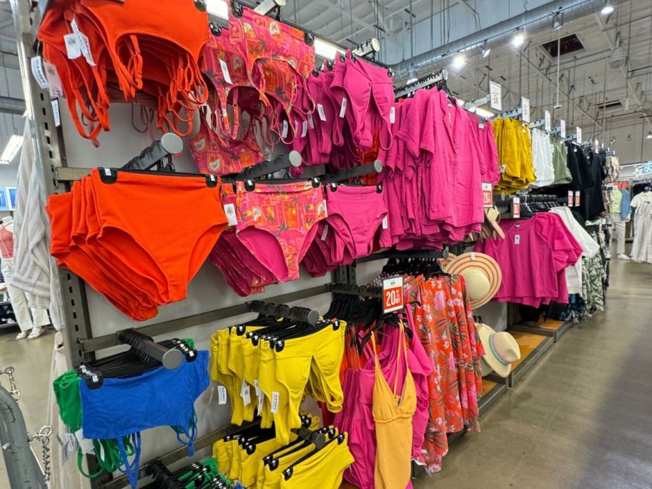 A wall of women's swimwear at Old navy