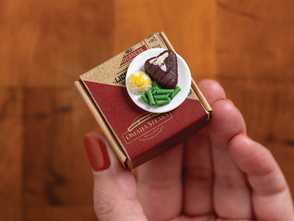 Person holding miniature plate of steak, green beans, and potatoes on top of box