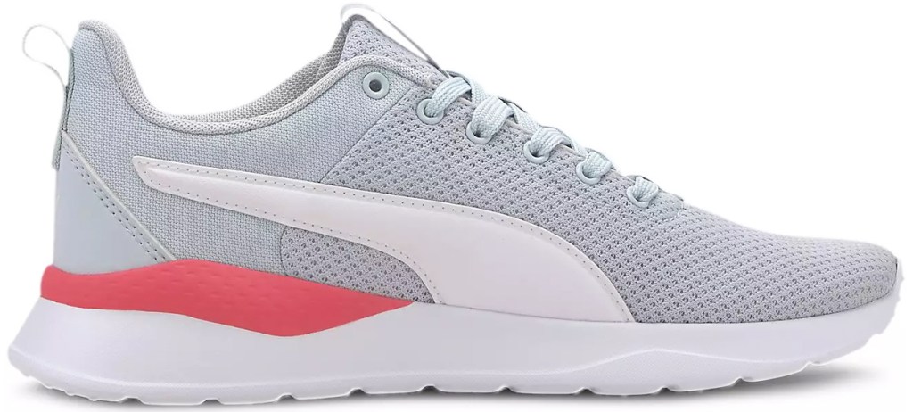 light grey, white, and pink puma running shoe