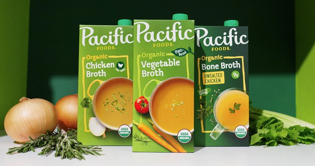 three green cartons of Pacific Foods Organic Broths