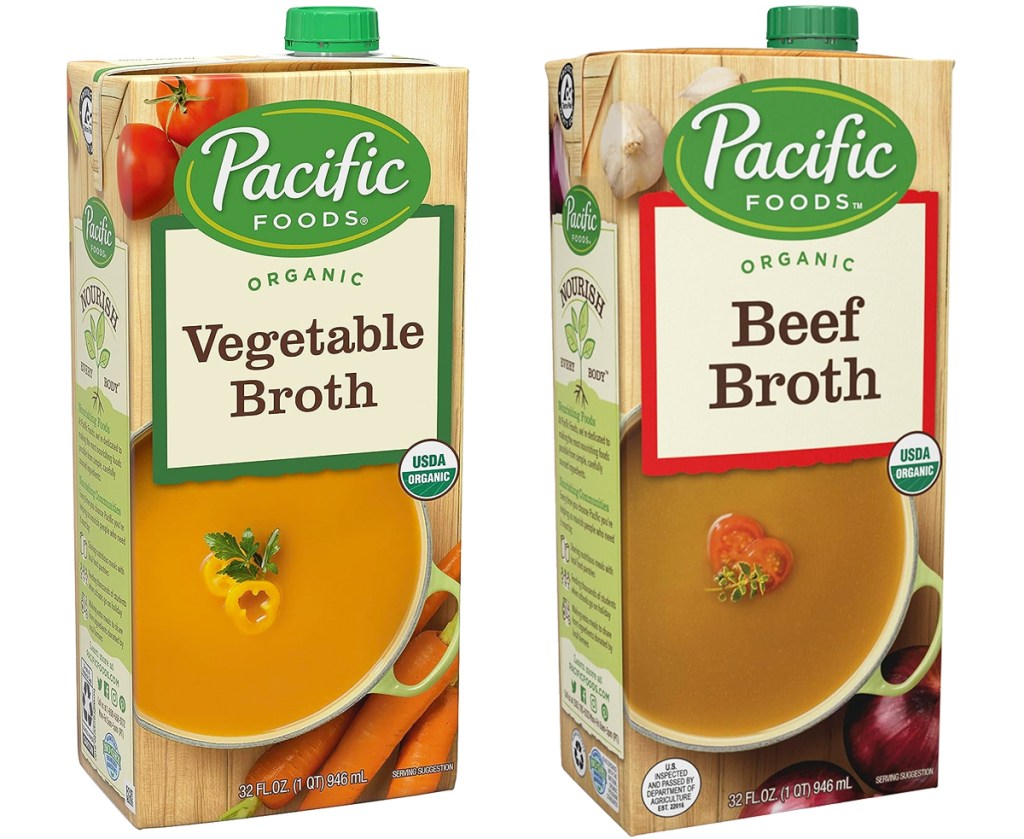 cartons of Pacific Foods Organic Vegetable Broth and Beef Broth