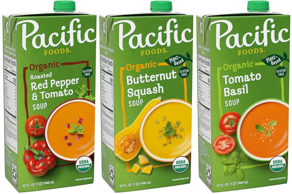 three green cartons of Pacific Foods Organic Soups