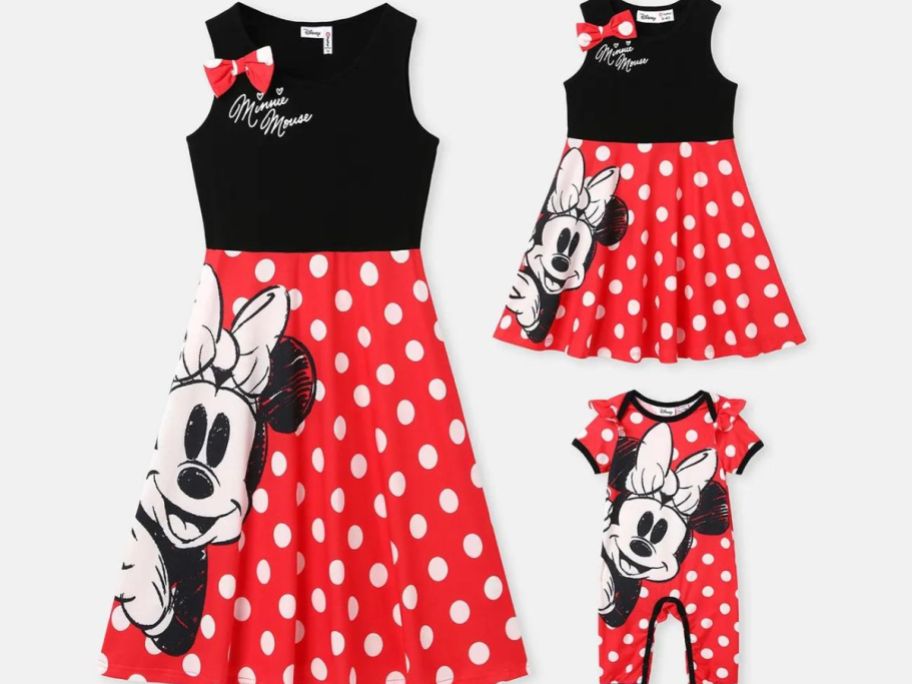 Mommy & me Disney Minnie Mouse matching dresses and baby romper
