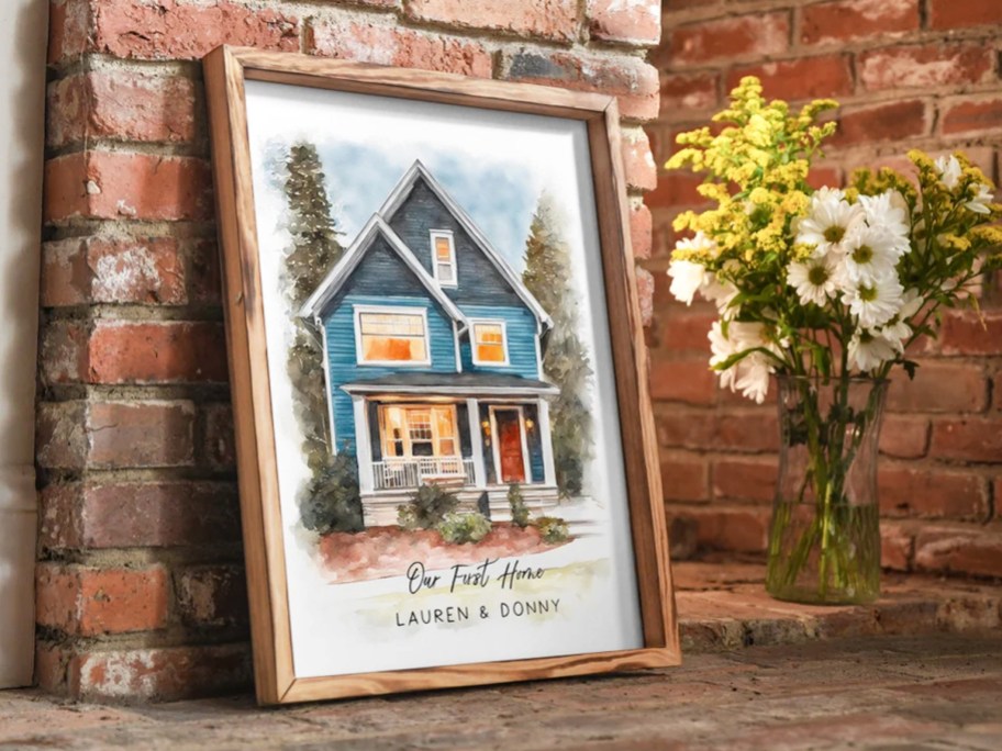 framed watercolor painting of house