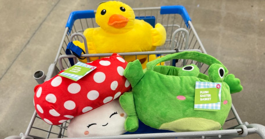 Plush Easter Baskets in a cart at Five Below 