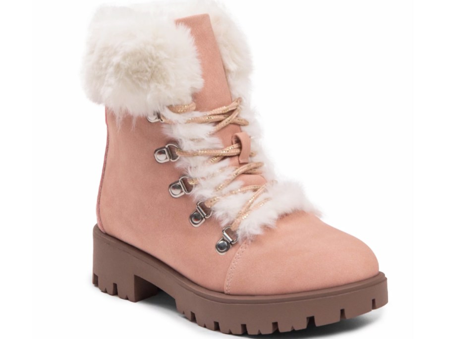 pink boot with white faux fur at the top