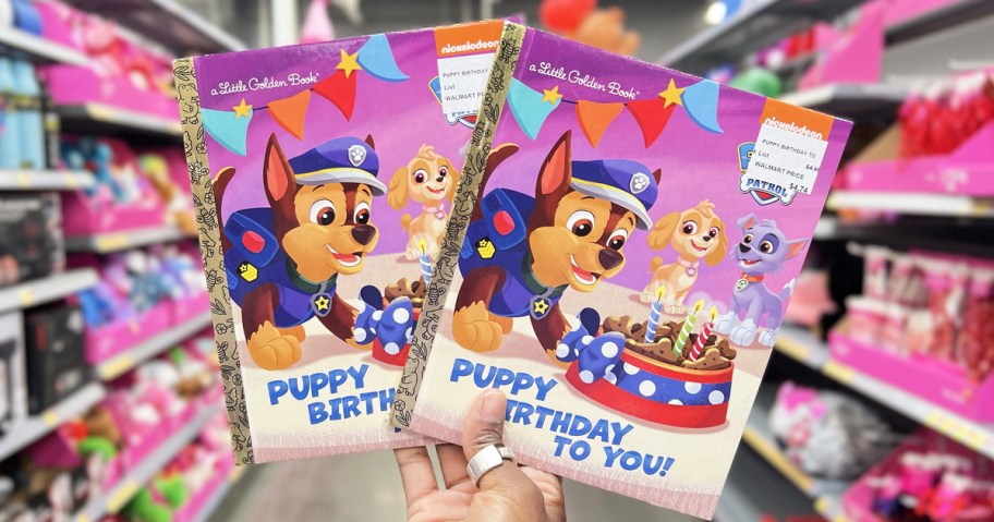 hand holding up two paw patrol little golden books
