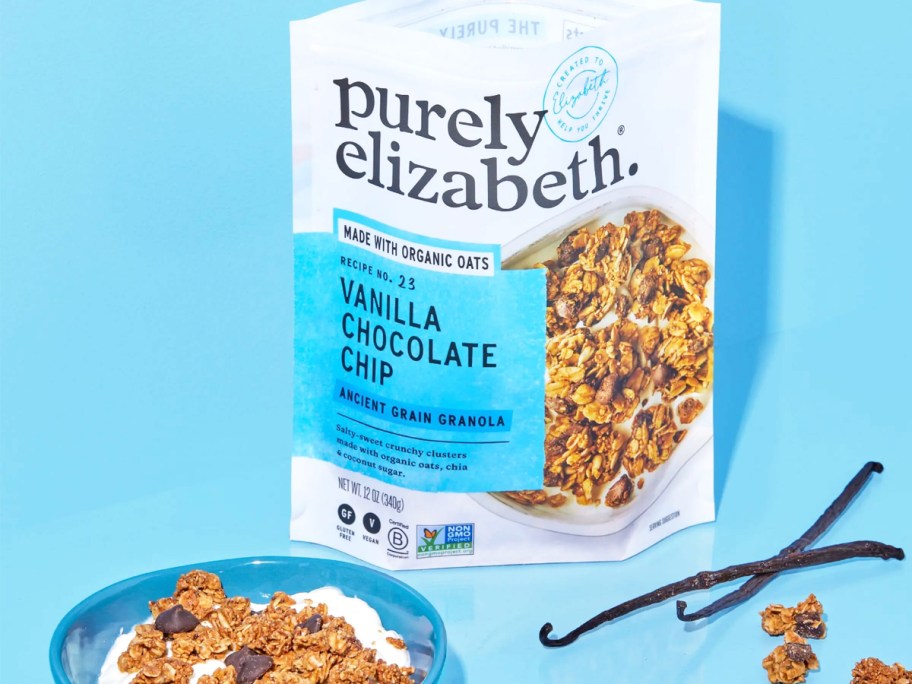 opened bag of Purely Elizabeth Vanilla Chocolate Chip Granola