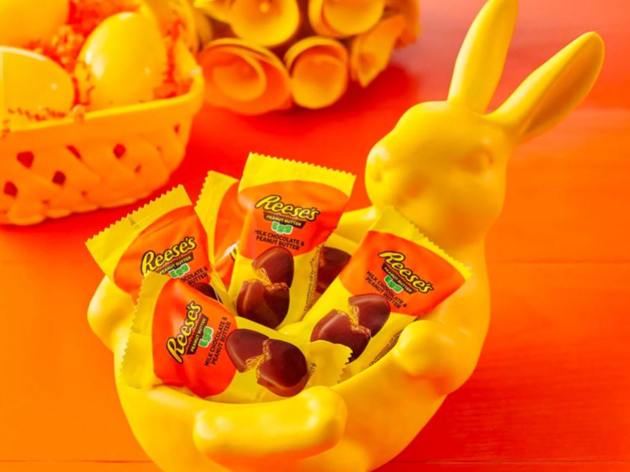 REESE'S Milk Chocolate Peanut Butter Eggs in a yellow bunny shaped bowl