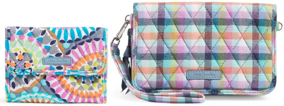 a small wallet in a brightly colored medallion print and a pastel plaid cross body bag