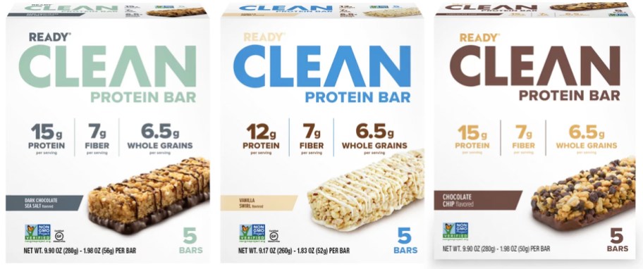 three boxes of Ready Clean Protein Bars