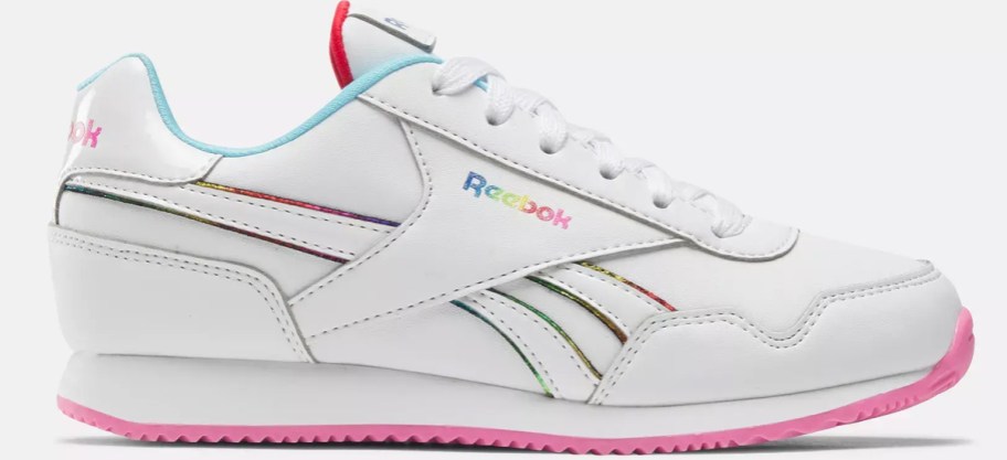 white reebok sneaker with rainbow details