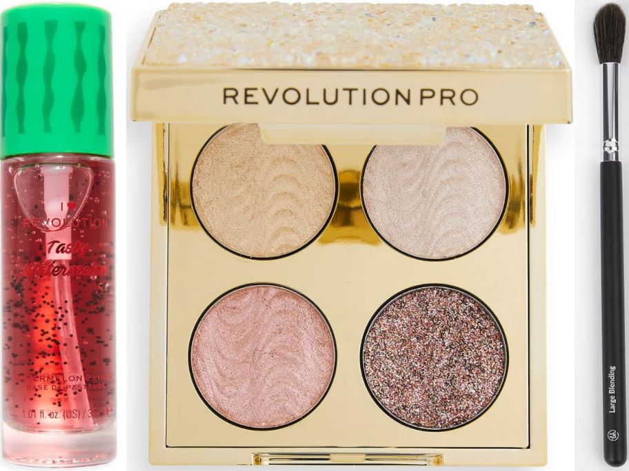 Stock images of Revolution beauty serum, quad palette and BH cosmetics blending brush