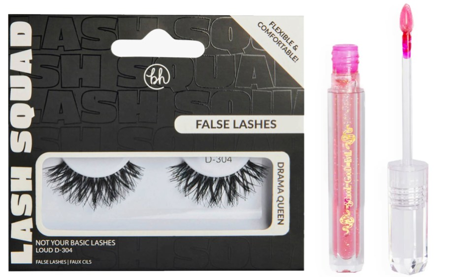 set of fake lashes and pink sparkly lip gloss