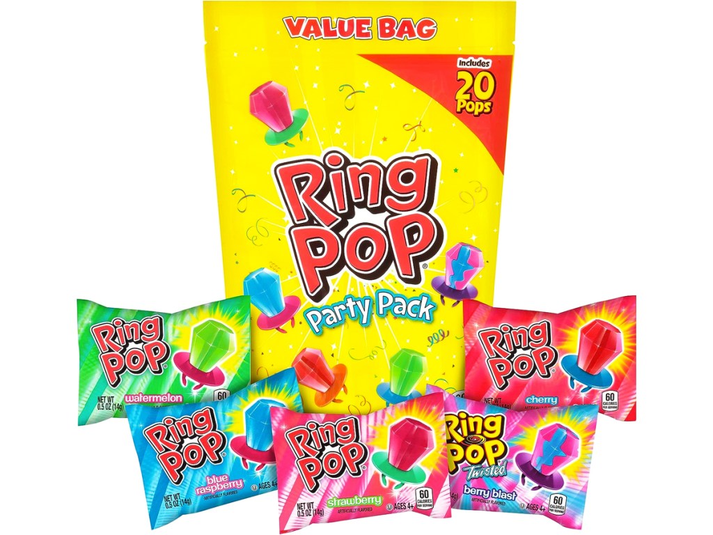 yellow bag of ring pops with 5 pops in front of it